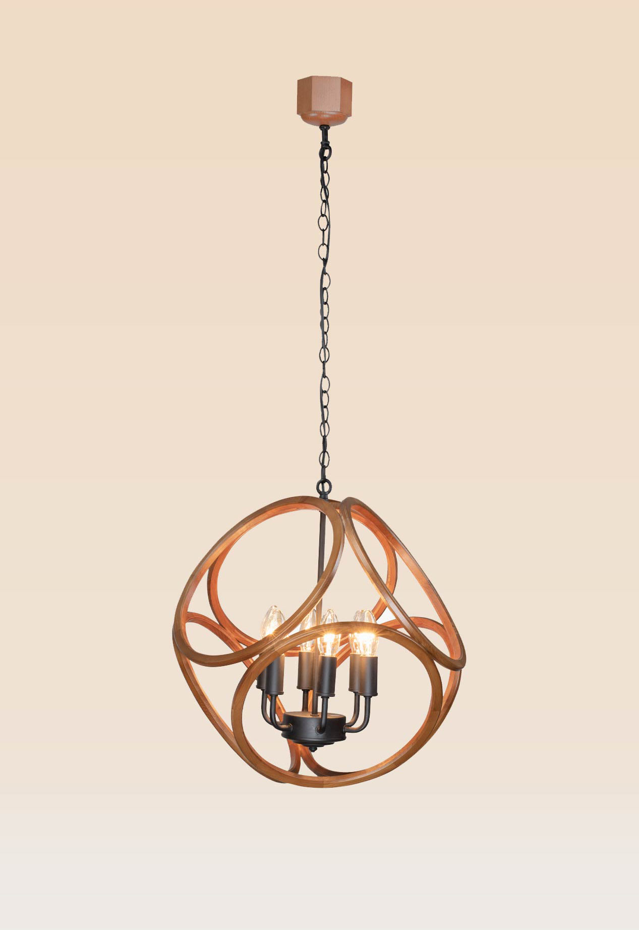 wooden-chandelier-warm-light-dubai-checkmark-215 Wooden chandelier 215 with sculptural curved wooden loops, six candle bulbs, and matte black holders by DARKAR Lighting Industries.