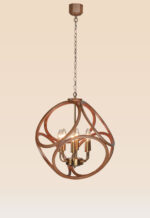 Checkmark 215g chandelier with sculptural wood frame and 6 golden candle-style lights — modern artistic lighting-side-view