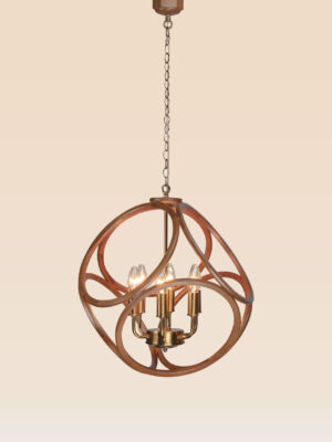 Checkmark 215g chandelier with sculptural wood frame and 6 golden candle-style lights — modern artistic lighting-side-view