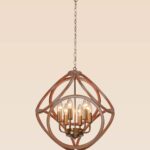 Wooden chandelier 215G with sculptural wooden loops, golden candle holders, and six E12 bulbs by DARKAR Lighting Industries.