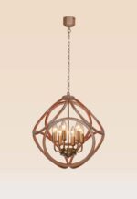 Wooden chandelier 215G with sculptural wooden loops, golden candle holders, and six E12 bulbs by DARKAR Lighting Industries.