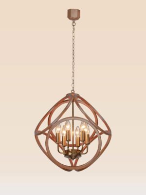 Wooden chandelier 215G with sculptural wooden loops, golden candle holders, and six E12 bulbs by DARKAR Lighting Industries.