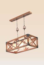 Checkmark 216-3 rectangular wooden chandelier with 3 glass inner lights and black metal cross-frame accents -side-view