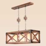 Checkmark 216-3 rectangular wooden chandelier with 3 glass inner lights and black metal cross-frame accents