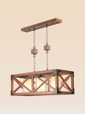 Checkmark 216-3 rectangular wooden chandelier with 3 glass inner lights and black metal cross-frame accents