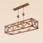 Wooden chandelier 216-5 with rectangular cage frame, cross-patterned wooden panels, and five frosted glass shades by DARKAR Lighting Industries.