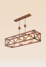 Wooden chandelier 216-5 with rectangular cage frame, cross-patterned wooden panels, and five frosted glass shades by DARKAR Lighting Industries.