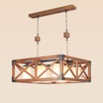 Checkmark 216-8 wooden chandelier with 8 cylindrical glass-shaded bulbs, rectangular industrial frame with cross-metal details, ideal for luxury dining areas