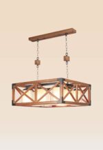 Checkmark 216-8 wooden chandelier with 8 cylindrical glass-shaded bulbs, rectangular industrial frame with cross-metal details, ideal for luxury dining areas