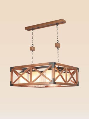 Checkmark 216-8 wooden chandelier with 8 cylindrical glass-shaded bulbs, rectangular industrial frame with cross-metal details, ideal for luxury dining areas