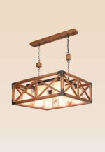 Checkmark 216-8 wooden chandelier with 8 cylindrical glass-shaded bulbs, rectangular industrial frame with cross-metal details, ideal for luxury dining areas-side-view