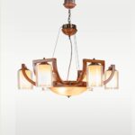 Wooden chandelier 217-6 with six curved wooden arms, frosted cylindrical glass shades, and central bowl diffuser by DARKAR Lighting Industries.