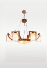 Wooden chandelier 217-6 with six curved wooden arms, frosted cylindrical glass shades, and central bowl diffuser by DARKAR Lighting Industries.