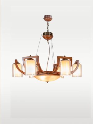 Wooden chandelier 217-6 with six curved wooden arms, frosted cylindrical glass shades, and central bowl diffuser by DARKAR Lighting Industries.