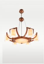 Checkmark 217-6 chandelier with 6 glass cylinder lights and a central bowl diffuser in wood finish; perfect for dining or lounge interiors
