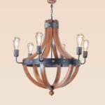 Wooden chandelier 218 with six E27 filament bulbs, curved wooden arms, and matte black industrial metal bands by DARKAR Lighting Industries.