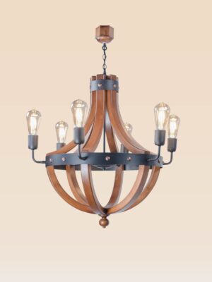 Wooden chandelier 218 with six E27 filament bulbs, curved wooden arms, and matte black industrial metal bands by DARKAR Lighting Industries.