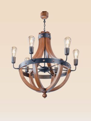 Industrial chandelier with 6 E27 filament bulbs, natural wood body, and matte black iron accents – Checkmark 218 model-side-view