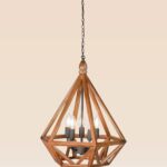 Wooden chandelier 219-5 with geometric polygonal frame, five E12 candle-style bulbs, and black metal holders by DARKAR Lighting Industries.