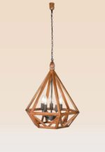 Wooden chandelier 219-5 with geometric polygonal frame, five E12 candle-style bulbs, and black metal holders by DARKAR Lighting Industries.