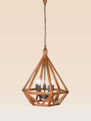 Wooden chandelier 219-5 with geometric polygonal frame, five E12 candle-style bulbs, and black metal holders by DARKAR Lighting Industries.