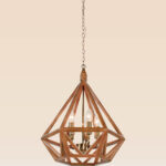 Wooden chandelier 219G-5 with geometric polygonal frame, five golden E12 candle-style holders, and elegant rustic-modern design by DARKAR Lighting Industries.