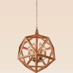 Wooden chandelier 220G-6 with polyhedral geometric wooden frame, six golden E12 candle-style holders, crafted by DARKAR Lighting Industries.