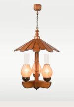 Rustic 3-light wooden chandelier with vintage-style etched glass lanterns – Checkmark 225-3-side-view