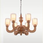 Classic wooden chandelier with 6 engraved arms and frosted glass shades – Checkmark 227-6-side-view