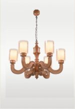 Classic wooden chandelier with 6 engraved arms and frosted glass shades – Checkmark 227-6-side-view