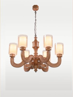 Classic wooden chandelier with 6 engraved arms and frosted glass shades – Checkmark 227-6-side-view