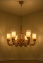 Classic wooden chandelier with 6 engraved arms and frosted glass shades – Checkmark 227-6-lights-on