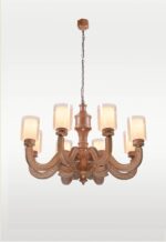 Classic wooden chandelier with 8 engraved arms and frosted glass shades – Checkmark 227-8