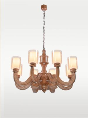 Classic wooden chandelier with 8 engraved arms and frosted glass shades – Checkmark 227-8
