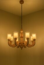 Luxury 8-light wooden chandelier with scroll arms and frosted glass – Checkmark 227-8-lights-on