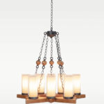Wooden chandelier 228-10 with star-shaped base, ten dual-glass cylindrical shades, rustic chains, and wooden bead accents by DARKAR Lighting Industries.
