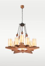 10-light wooden star chandelier with hanging chains and cylindrical glass shades – Checkmark 228-10-side-view