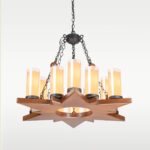 Wooden chandelier 228-12 with star-shaped wooden frame, twelve dual-glass cylindrical shades, and decorative chain suspension by DARKAR Lighting Industries.