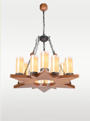 Wooden chandelier 228-12 with star-shaped wooden frame, twelve dual-glass cylindrical shades, and decorative chain suspension by DARKAR Lighting Industries.