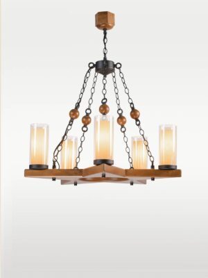 Luxury 8-light wooden chandelier with scroll arms and frosted glass – Checkmark 227-8-side-view