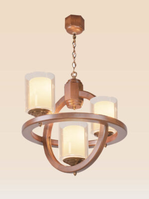 3-light wooden chandelier with curved ring arms and frosted glass shades – Checkmark 230-3