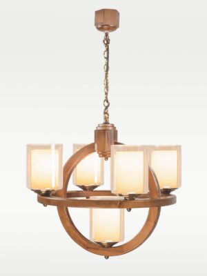 5-light circular wooden chandelier with dual glass shades – Checkmark 230-5-side-view