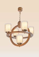 5-light circular wooden chandelier with dual glass shades – Checkmark 230-5