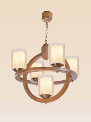 5-light circular wooden chandelier with dual glass shades – Checkmark 230-5