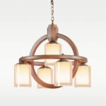 Wooden chandelier 230-5R with inverted orbit design, five downward-facing dual-glass shades, and walnut finish by DARKAR Lighting Industries.