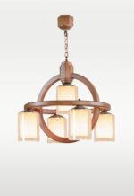 Wooden chandelier 230-5R with inverted orbit design, five downward-facing dual-glass shades, and walnut finish by DARKAR Lighting Industries.