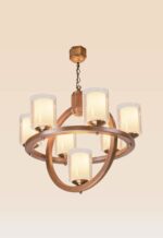 Wooden chandelier with 7 double-glass lights and orbit ring design – Checkmark 230-7-side-view