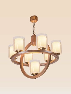 Wooden chandelier with 7 double-glass lights and orbit ring design – Checkmark 230-7-side-view