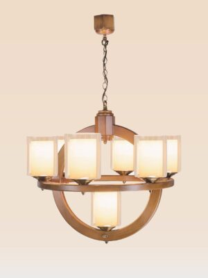 Wooden chandelier with 7 double-glass lights and orbit ring design – Checkmark 230-7