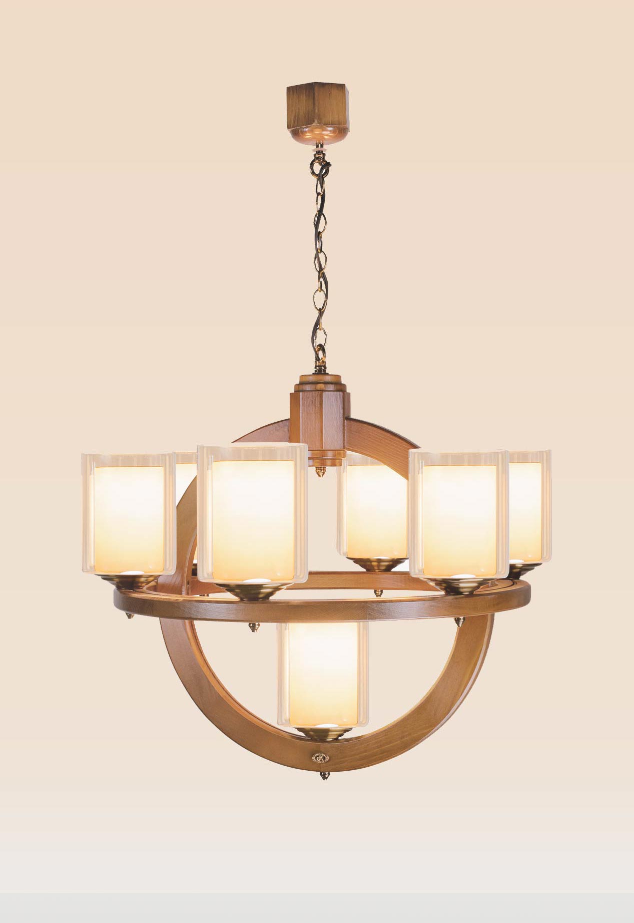 wooden-chandelier-warm-light-dubai-checkmark-230-7 Wooden chandelier with 7 double-glass lights and orbit ring design – Checkmark 230-7